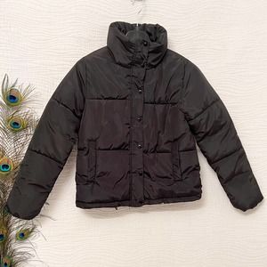 H&M Puffer Winter Coat Girls sz 14 XL Black Pockets Snow Cropped Jacket No Hood